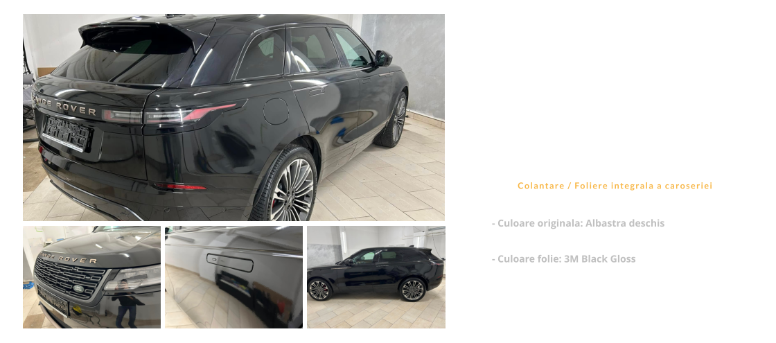 Range Rover Velar  Colantare / Foliere integrala a caroseriei - Culoare originala: Albastra deschis  - Culoare folie: 3M Black Gloss